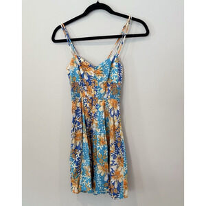 Free People Blue Orange White Floral Smocked Tank Strappy Sun Dress Size 0 1900